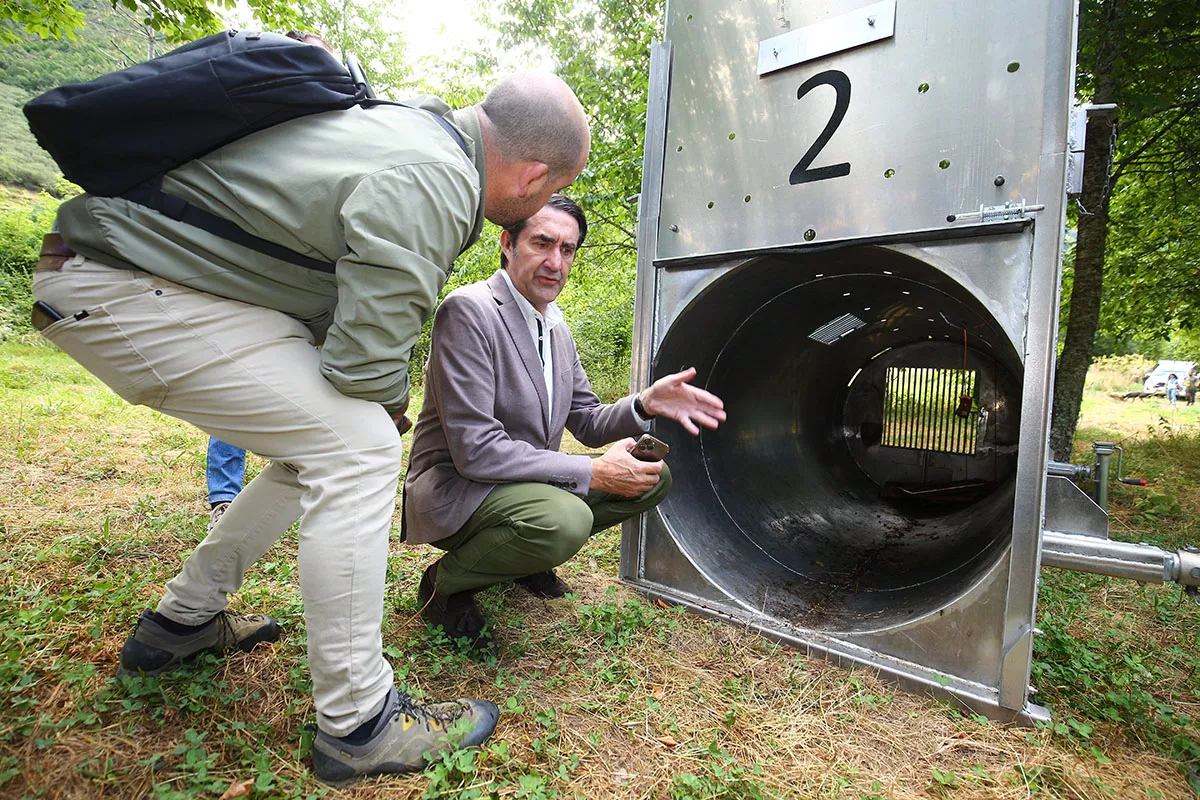 El consejero de Medio Ambiente, Vivienda y Ordenación del Territorio, Juan Carlos Suárez Quiñones, durante su visita a uno de los sistemas de captura de osos para radiomarcaje en Tejedo del Sil