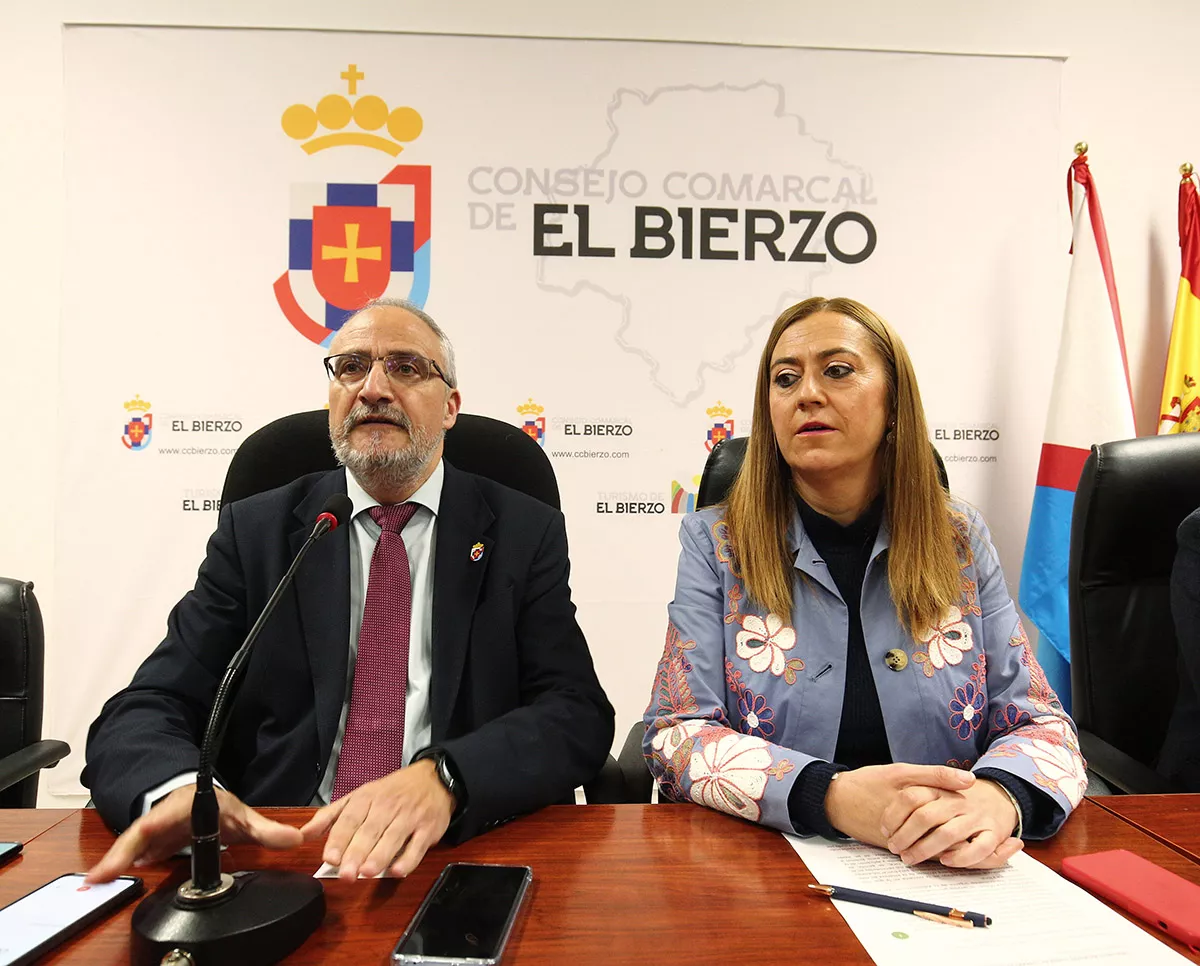 El presidente del Consejo Comarcal de El Bierzo, Olegario Ramón, junto a la delegada del Gobierno de Castilla y León, Virginia Barcones durante su reunión de esta mañana en Ponferrada