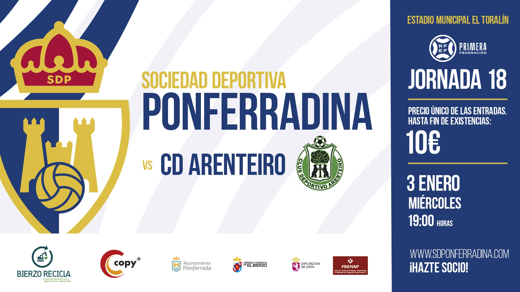 Cartel del partido entre la Ponferradina y el CD Arenteriro con visita de los Reyes Magos