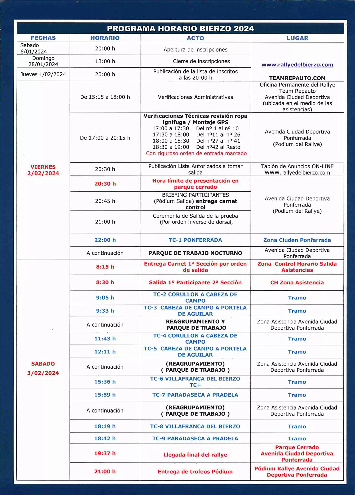 Horarios Rallye del Bierzo