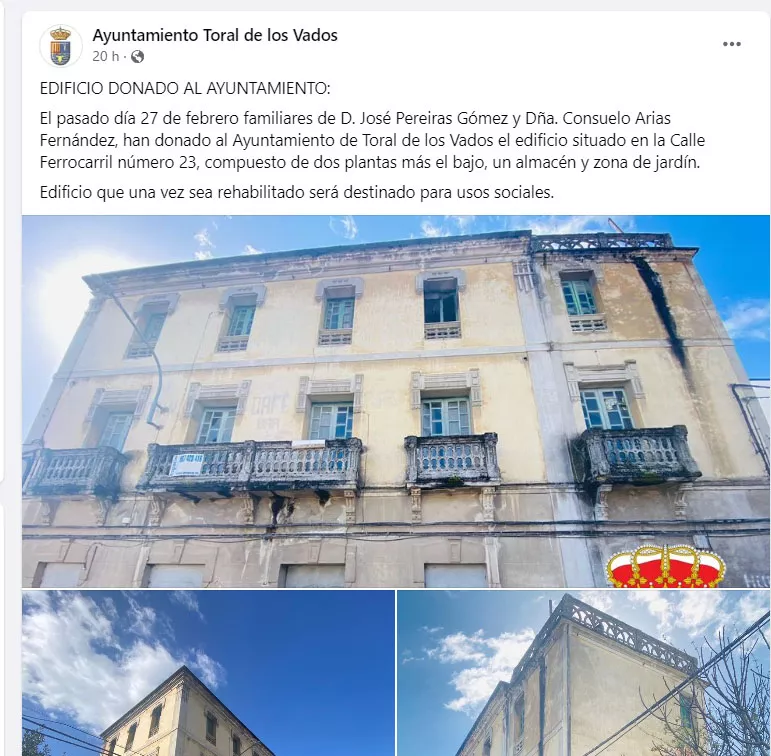 Donación de un edificio al Ayuntamiento de Toral de los Vados