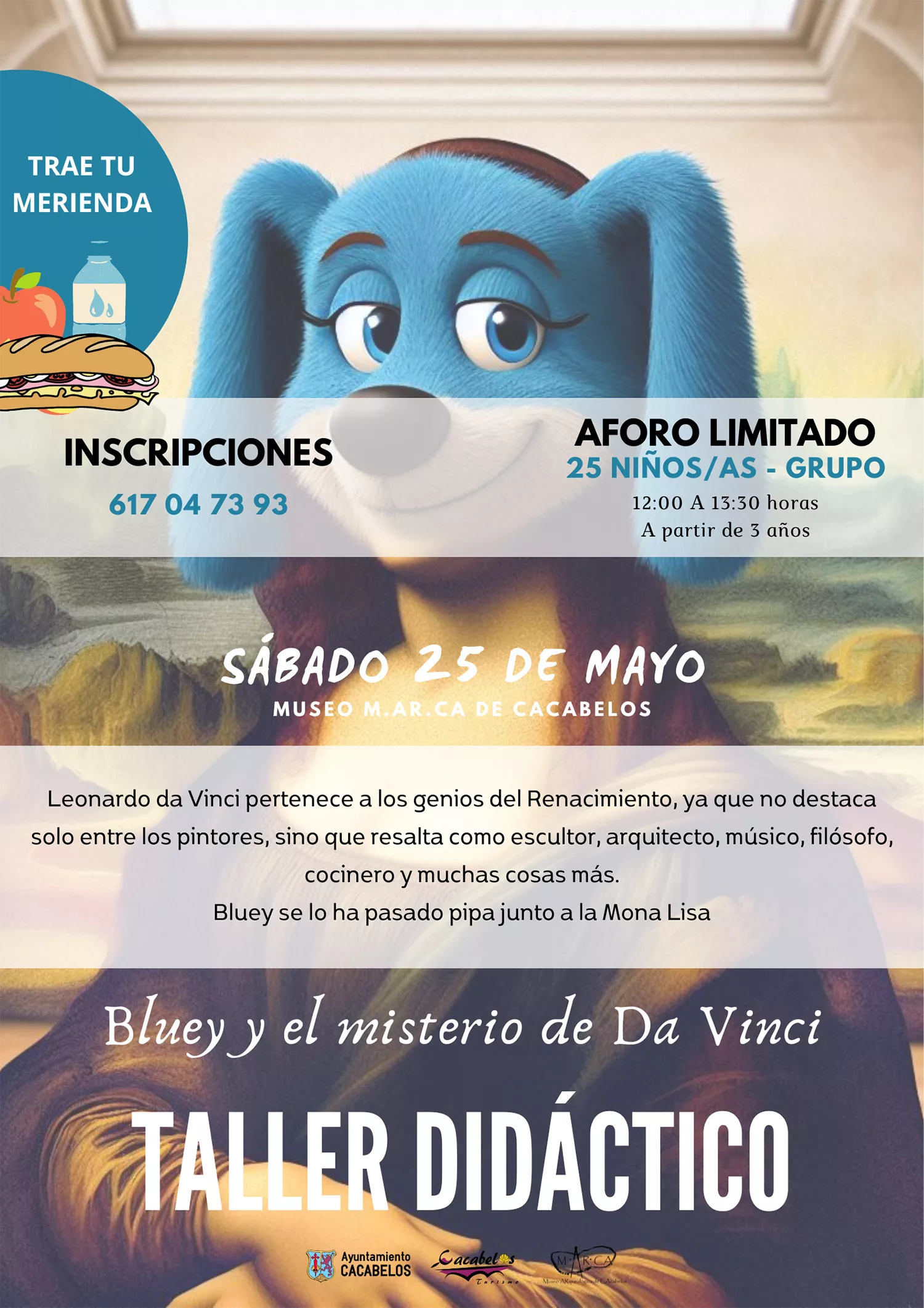 Cartel taller Marca Cacabelos de Da Vinci y Bluey