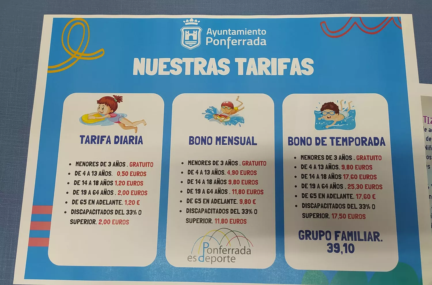 Tarifas de las piscinas de Ponferrada