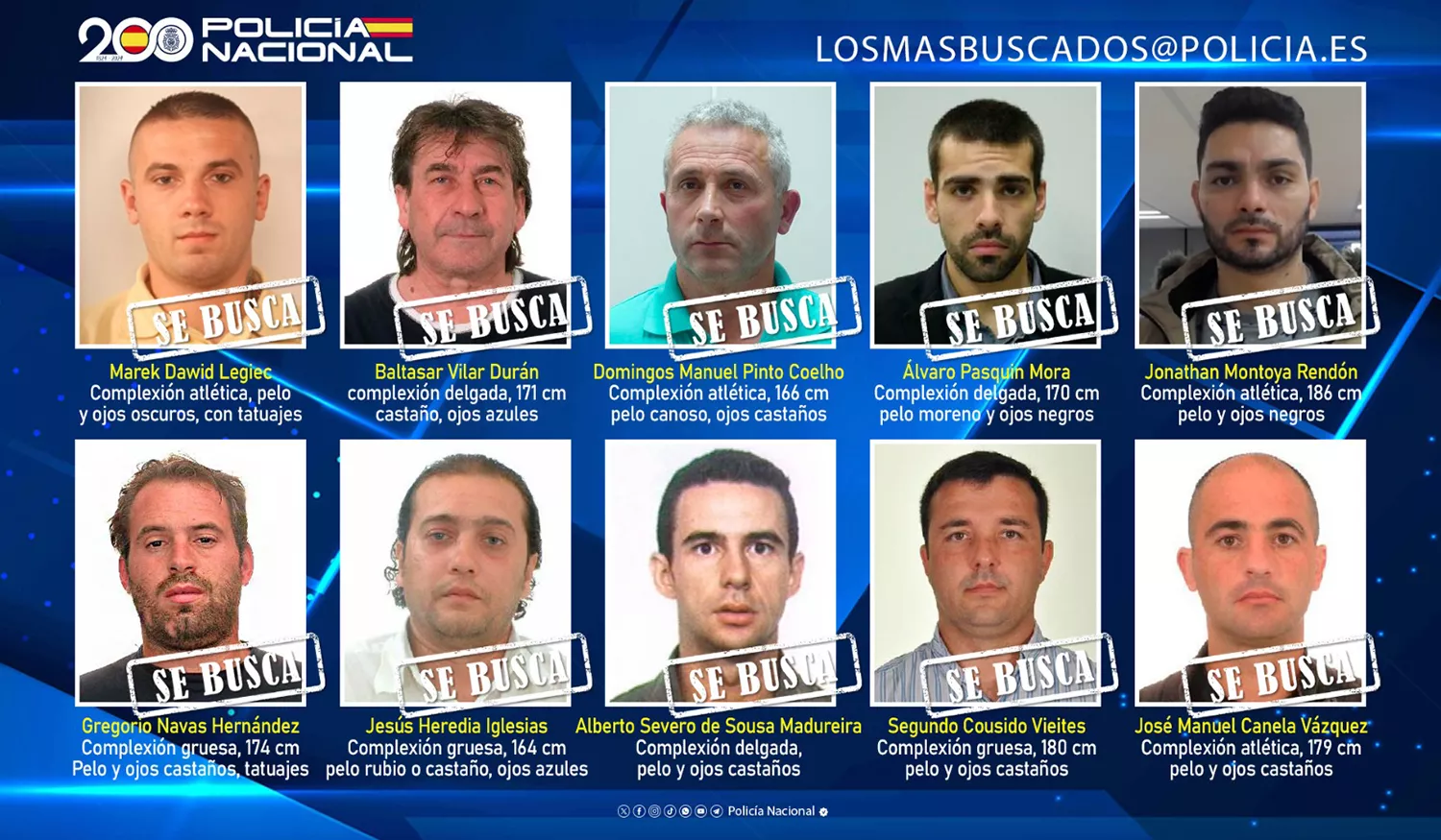 Estos son los 10 delincuentes fugitivos más buscados por la Policía Nacional