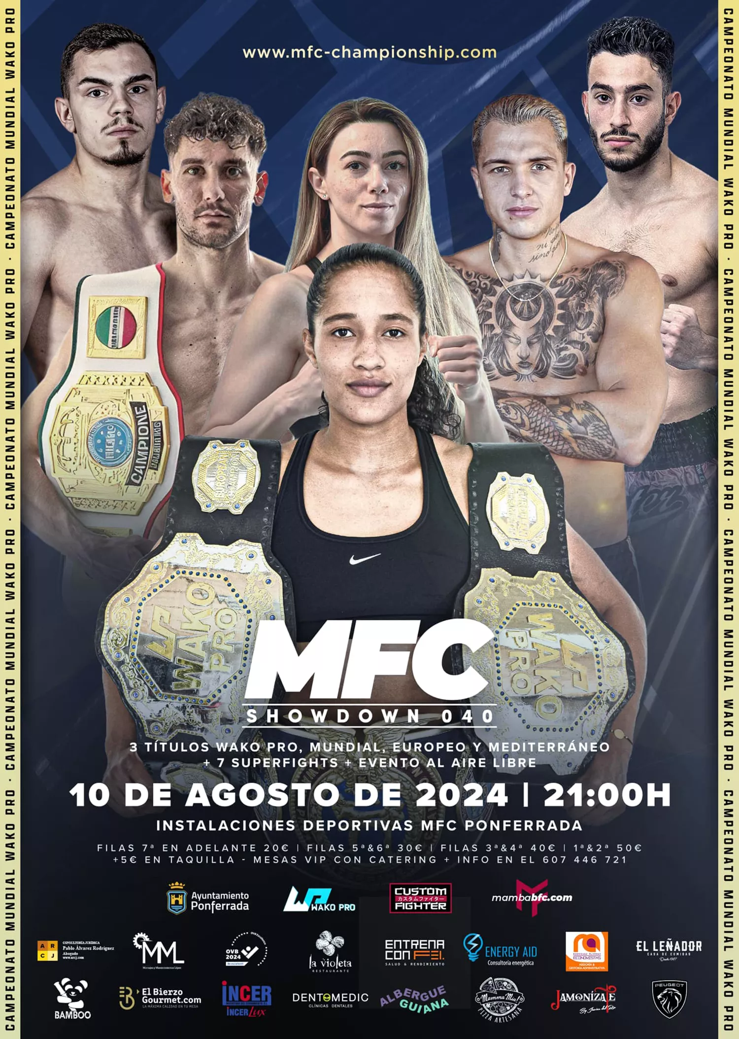 El MFC Showdown 040, un gran evento de deportes de contacto, tendrá lugar en las instalaciones del Mamba Fight Club en Ponferrada el próximo 10 de agosto y pondrá en juego tres títulos WAKO Pro Profesionales, uno mundial, otro europeo y otro del Mediterráne