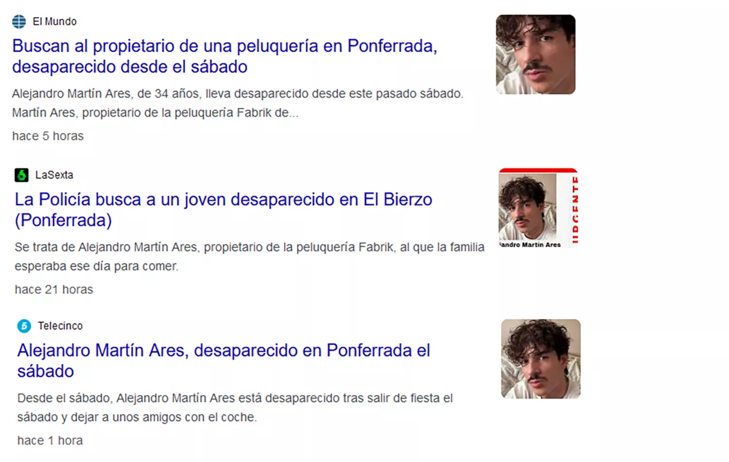 Capturas de las noticias de medios nacionales sobre la desaparición del dueño de la peluquería Fabrik de Ponferrada
