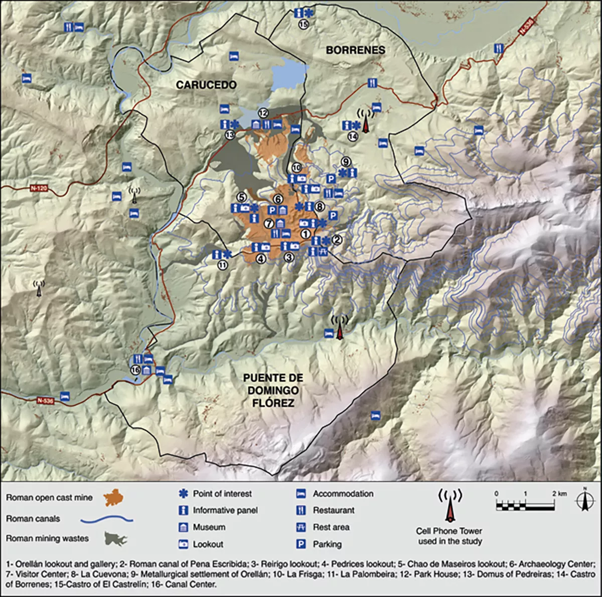 Mapa del área de Las Médulas, localización de infraestructuras turísticas y antenas utilizadas en este estudio. Fuente: Brais X. Currás et al.