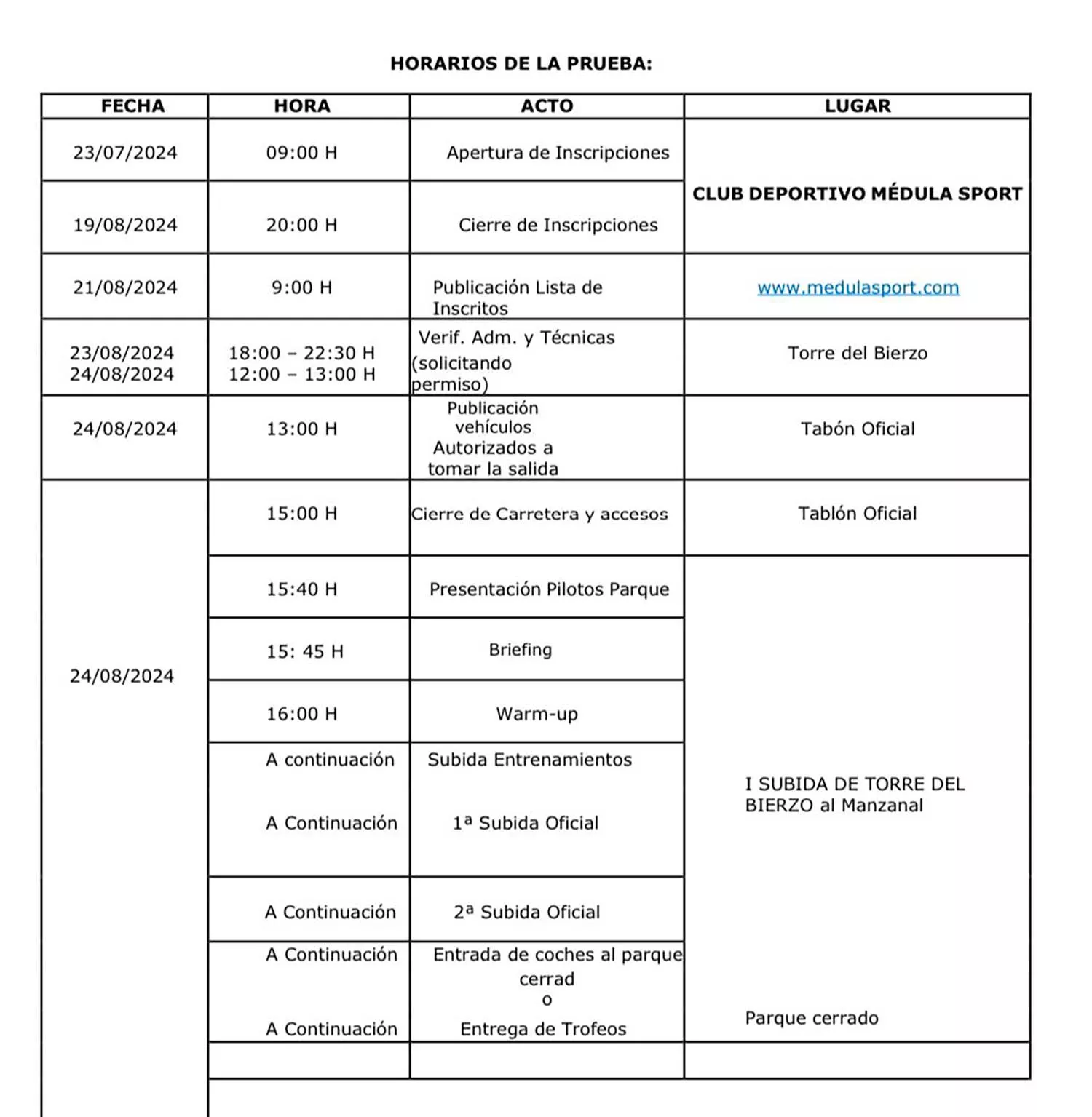 Horarios de la I Subida de Torre del Bierzo al Alto del Manzanal