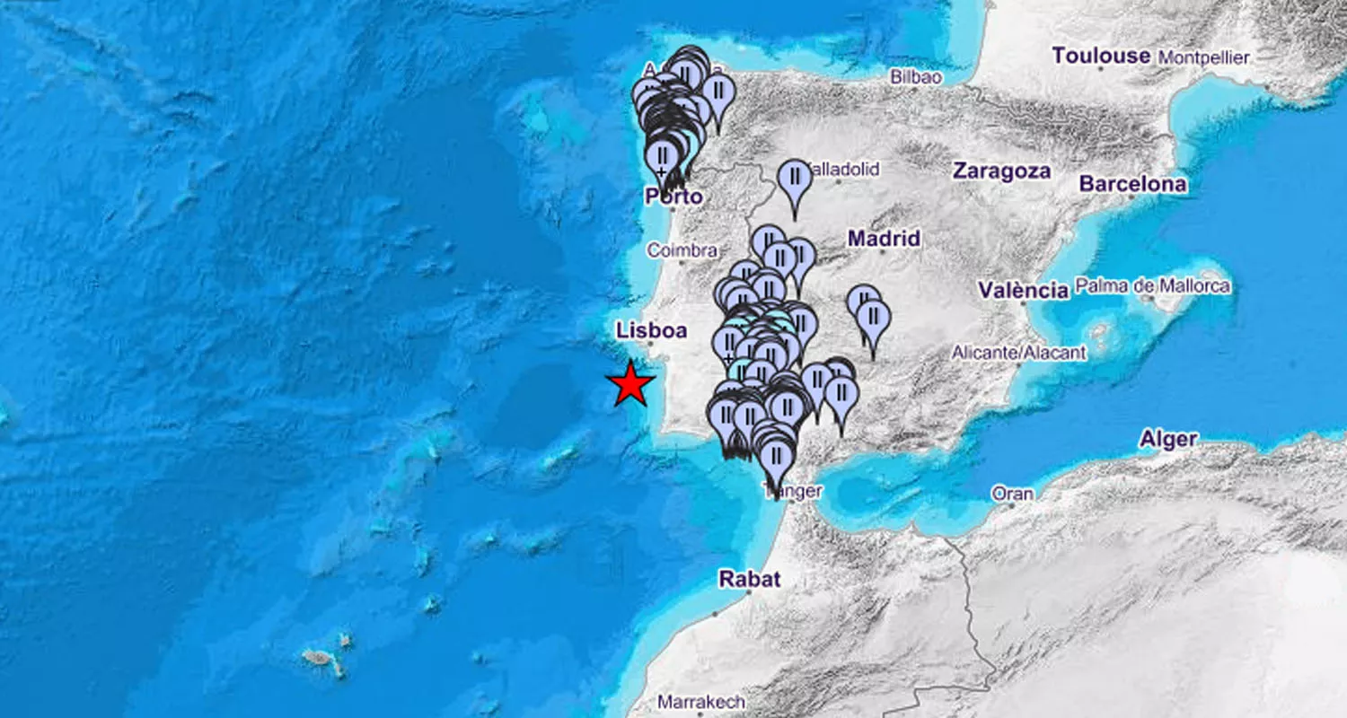 Mapa de intensidades del terremoto del sur de Portugal