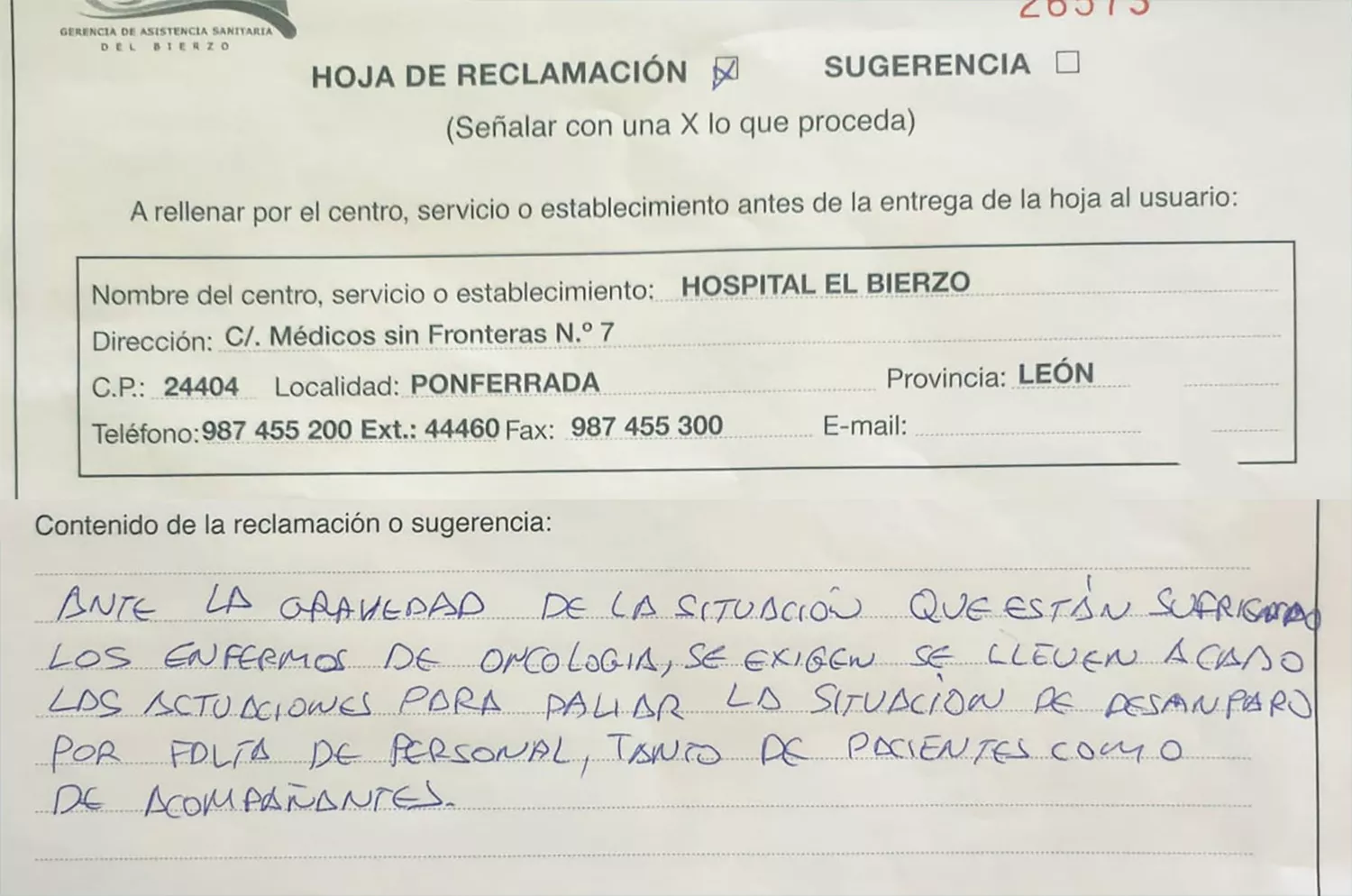 Reclamación por la falta de oncólogos en el Hospital del Bierzo.