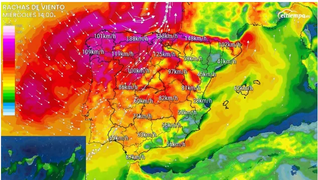 Rachas previstas para la tarde del miércoles. Mapa, Eltiempo.es