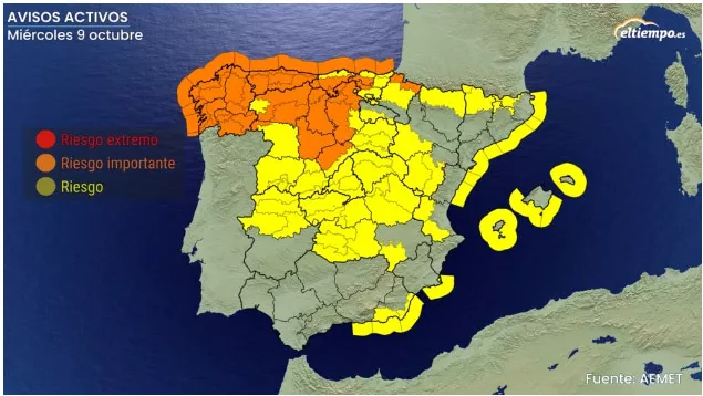 Avisos activos para el miércoles 9 de octubre