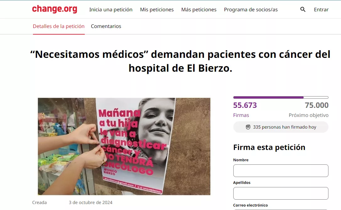 Familiares de pacientes con cáncer registran mañana más de 55.000 firmas pidiendo médicos en el Hospital El Bierzo