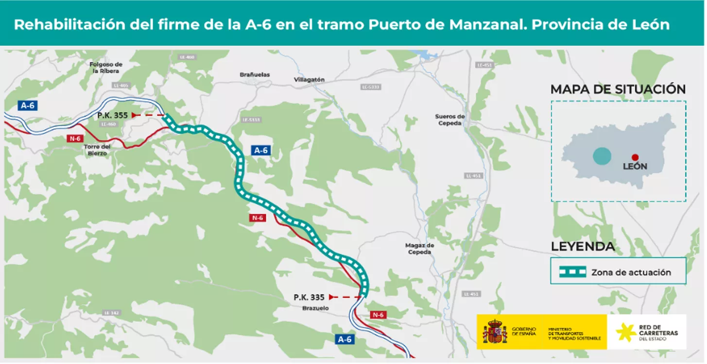 Transportes licita por 14,8 millones de euros la rehabilitación del firme de la A 6 en el Puerto de Manzanal