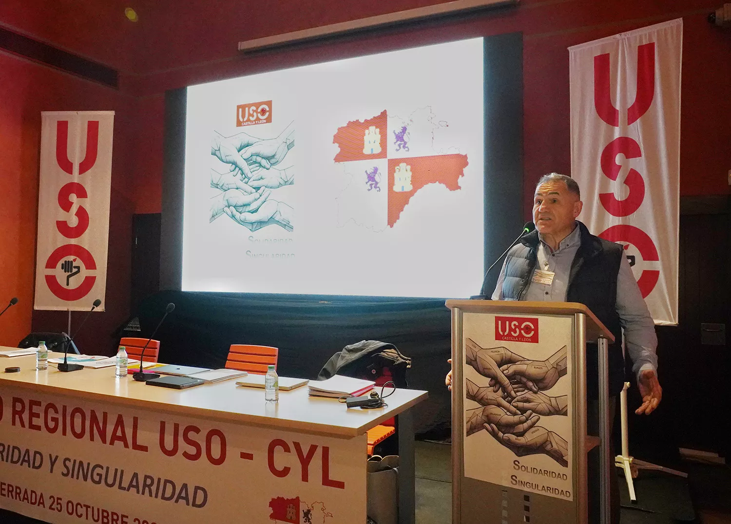 César Sánchez - ICAL | El secretario general de USO en Castilla y León, Marco Antonio Martínez, durante el IX Congreso Regional de USO que se celebra en Ponferrada y en el que se elige a la nueva Comisión Ejecutiva