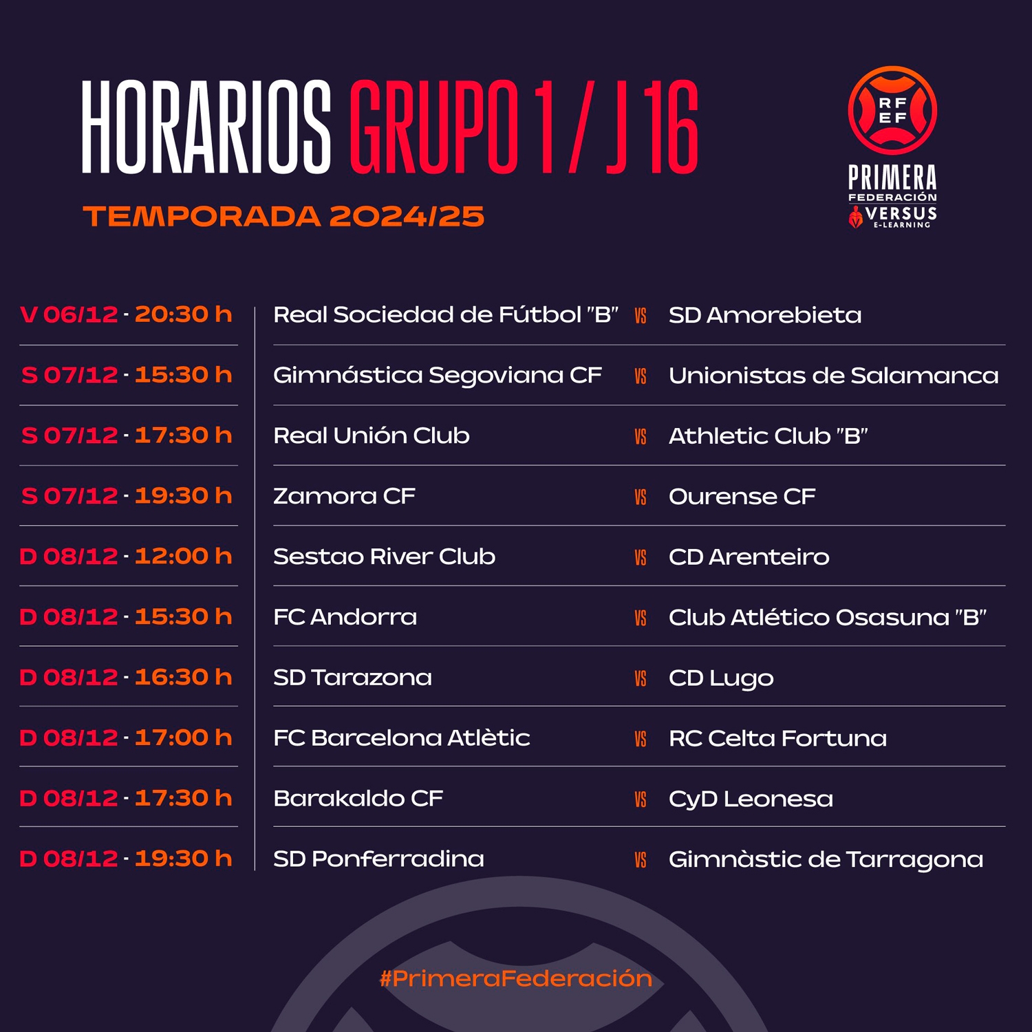 Horarios de la jornada 16 de la Primera Federeación