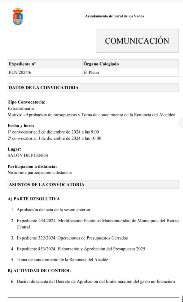 Acta del pleno en el que se presentará la renuncia de Pedro Fernández como alcalde de Toral de los Vados