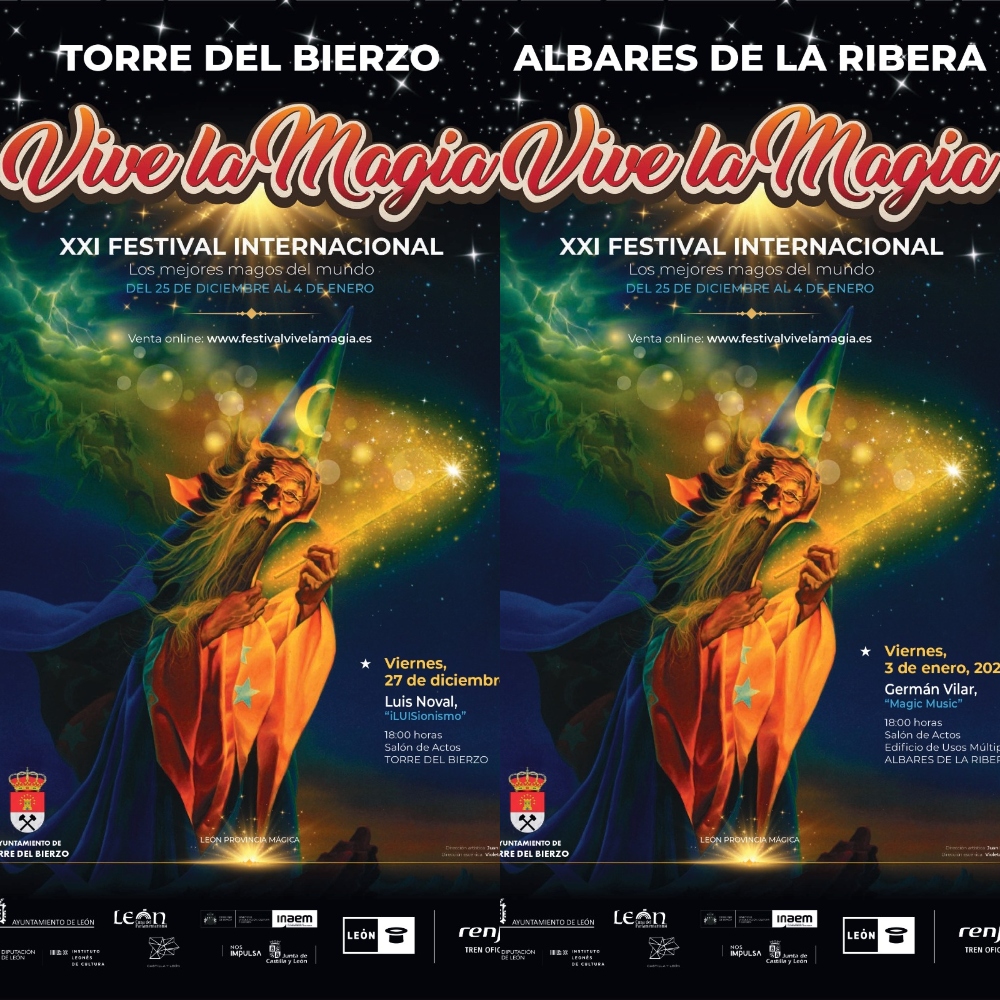 Carteles de las actuaciones del Festival Vive la Magia que tendrán lugar en torre del Bierzo y Albares de la Reina